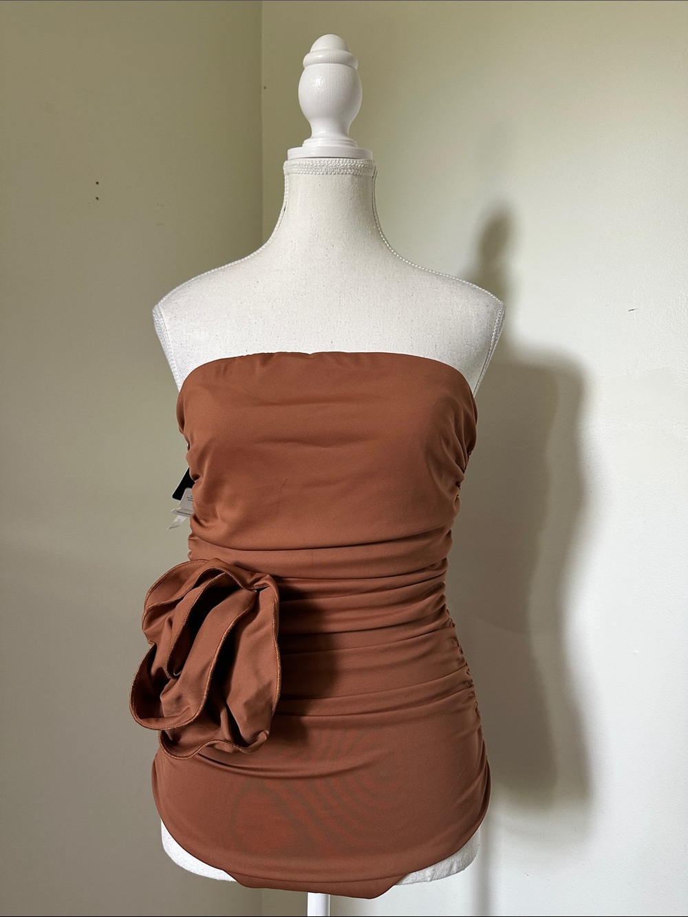 NWT INNOVARE DENIM Brown Flower Decal Cinched Strapless Bodysuit Small